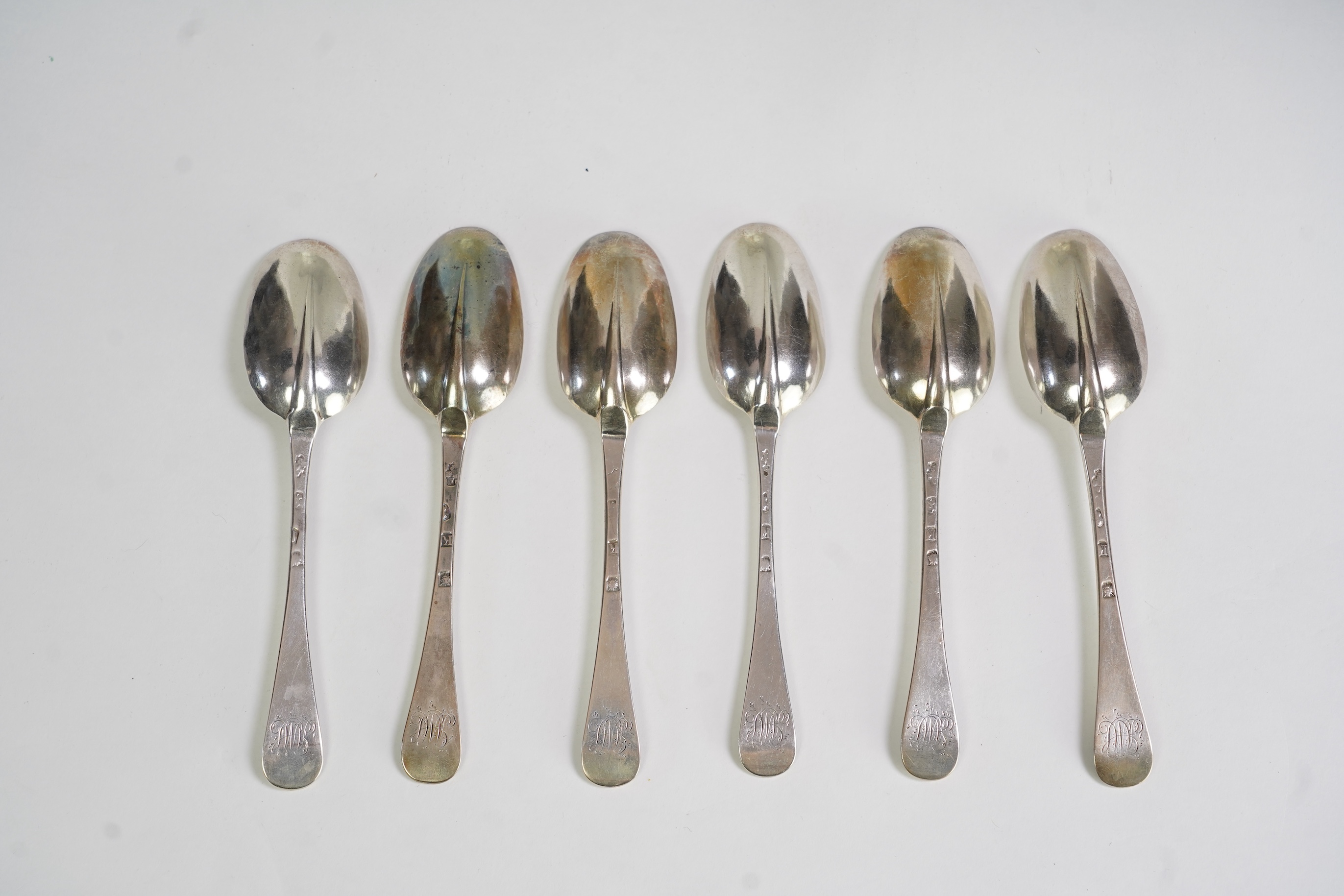 A set of six late George I silver Hanoverian rat tail table spoons, by Hugh Arnott & Edward Pocock